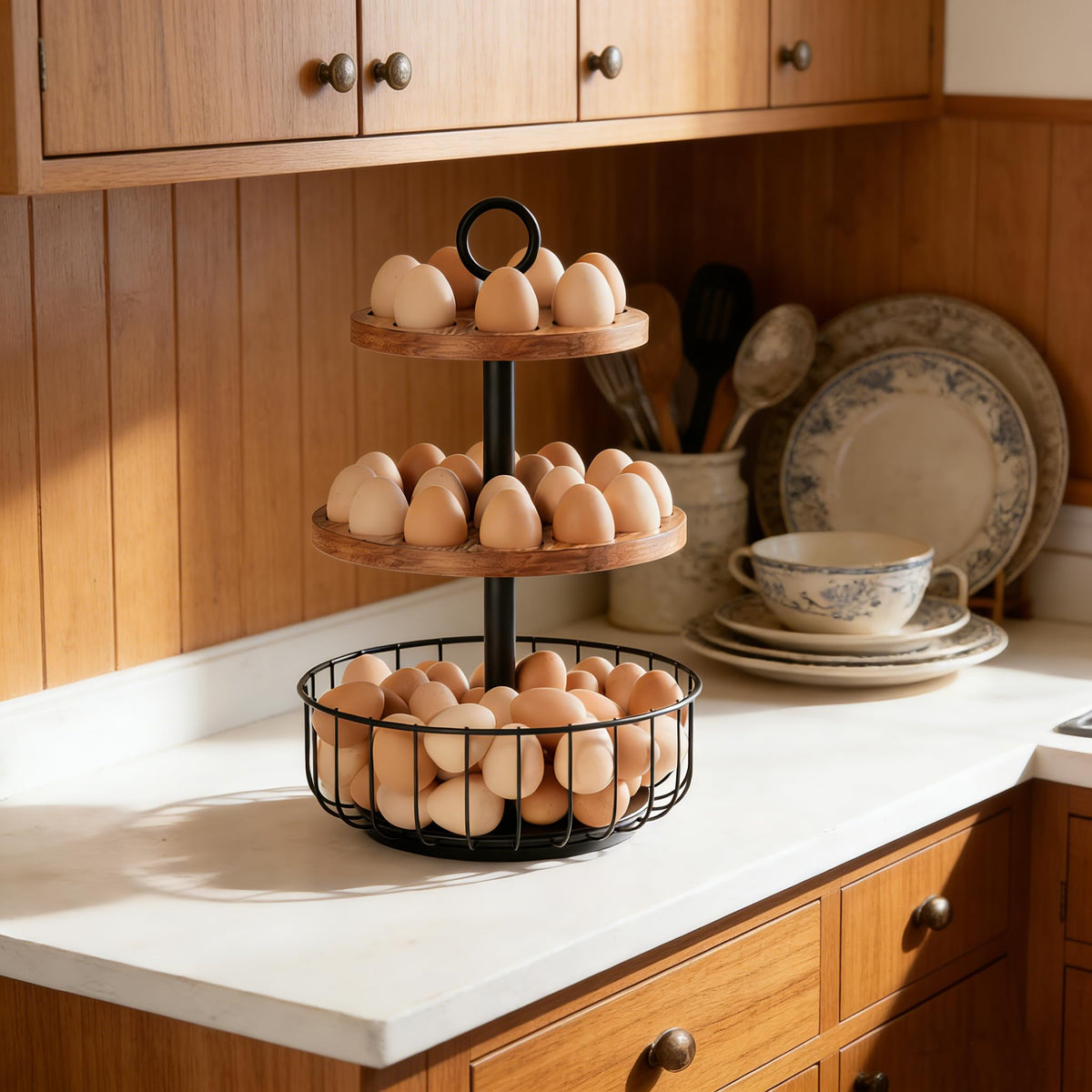 Wolera farmhouse display with top trays adds rustic kitchen charm.