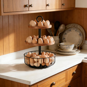 Wolera farmhouse display with top trays adds rustic kitchen charm.