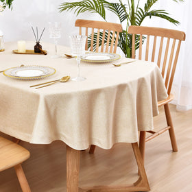 Wolkemer faux linen oval tablecloth 60x84 full view enhances table aesthetics.
