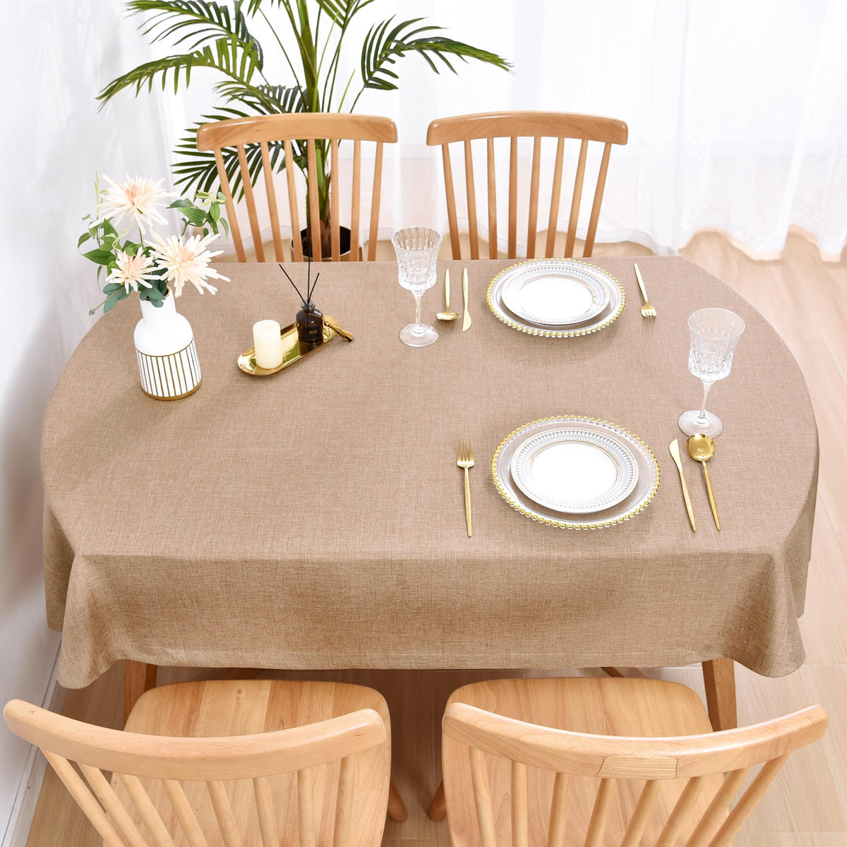 Wolkemer faux linen tablecloth suited for kitchen and patio use