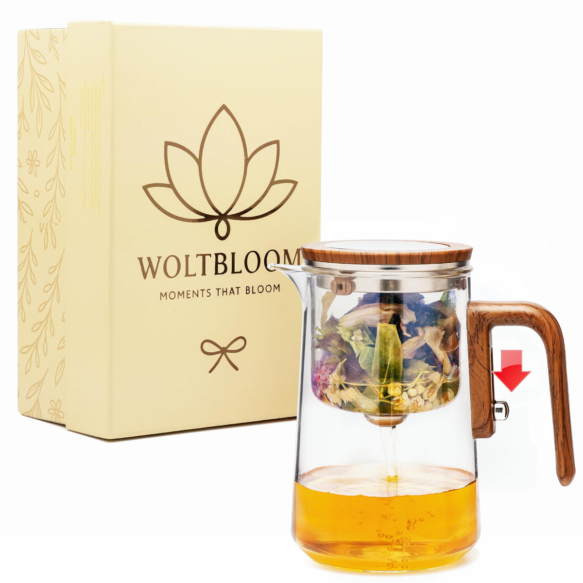 WOLTBLOOM Enchanti Tea Pot with magnetic separator for precise brewing.