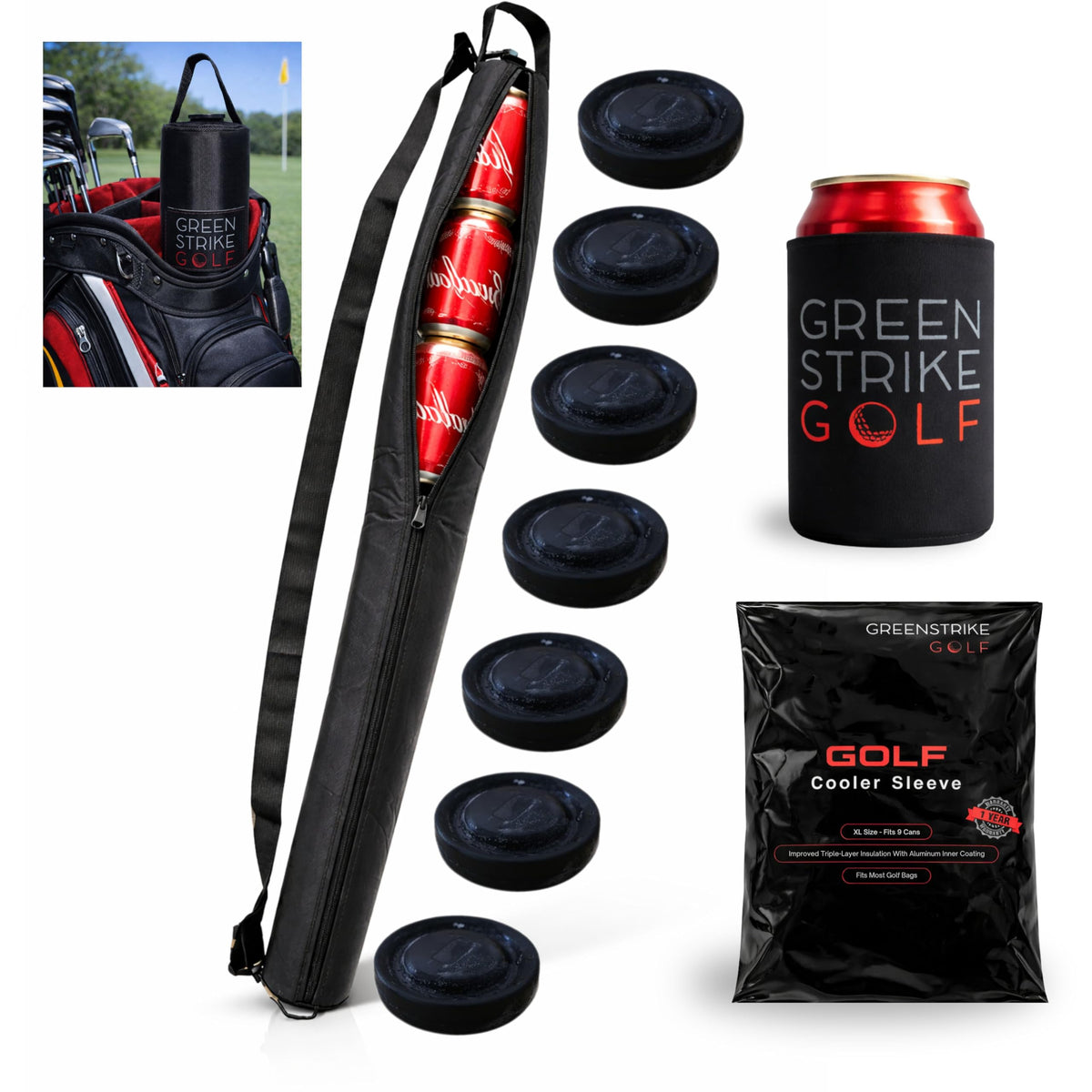 WOLVIO golf beer sleeve attached to a cart for easy access on the course.