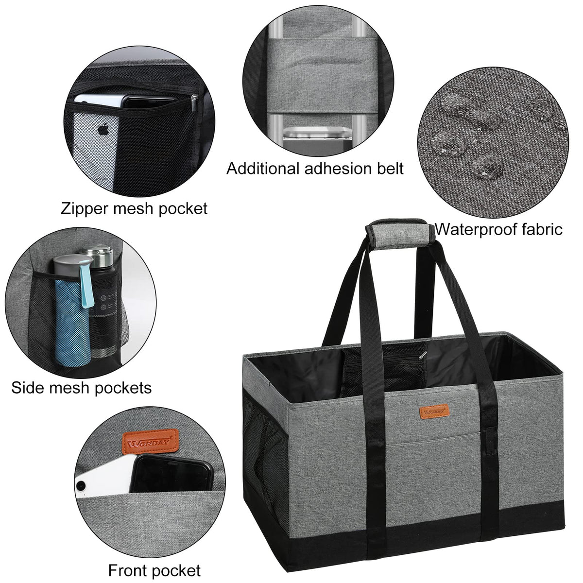 WONDAY tote interior with mesh pocket and front pocket for small items