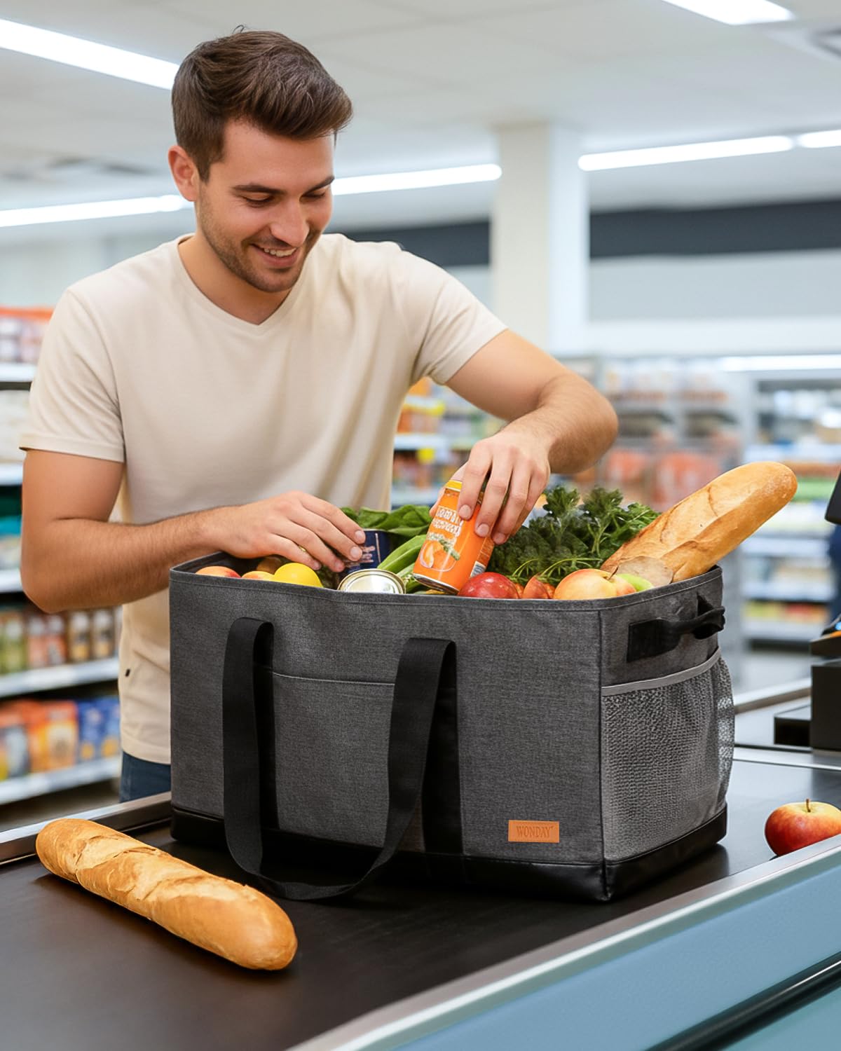 WONDAY tote with reinforced bottom supports heavy loads up to 100lbs