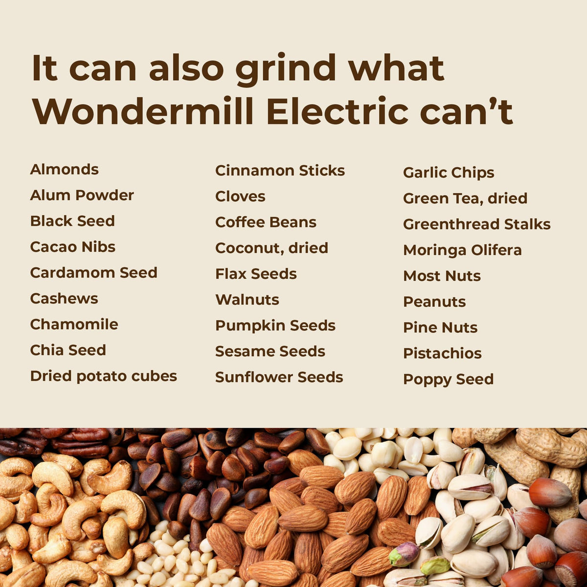 WONDERMILL Junior Deluxe handles dry and oily grains with ease.