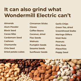 WONDERMILL Junior Deluxe handles dry and oily grains with ease.