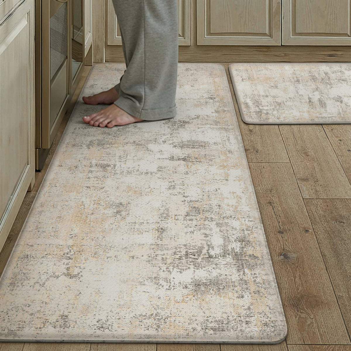 WondRg abstract kitchen mat design in beige and grey enhances modern kitchens while protecting feet.