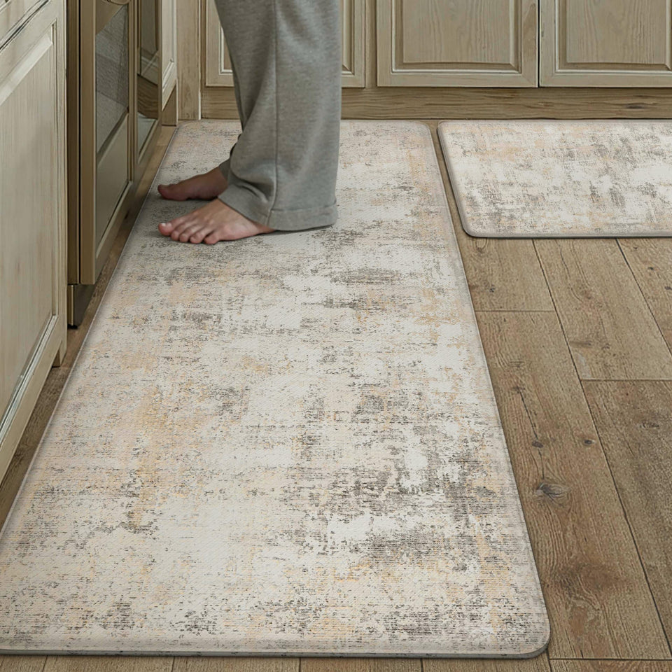 WondRg abstract kitchen mat design in beige and grey enhances modern kitchens while protecting feet.