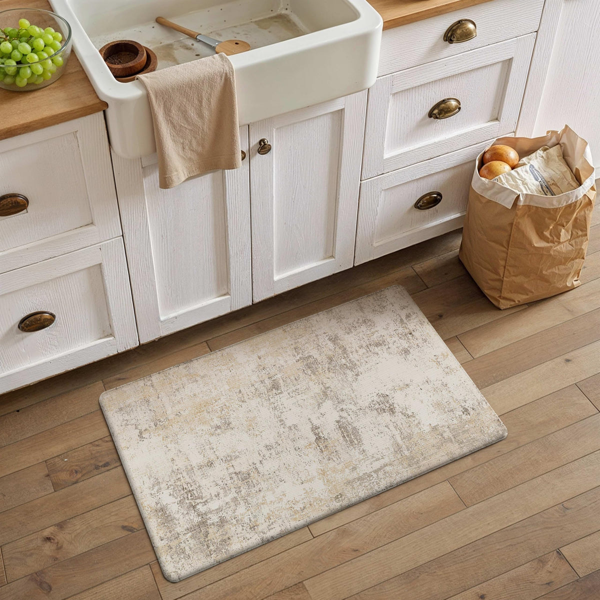 WondRg neutral-tone mat complements any kitchen while enhancing standing comfort.