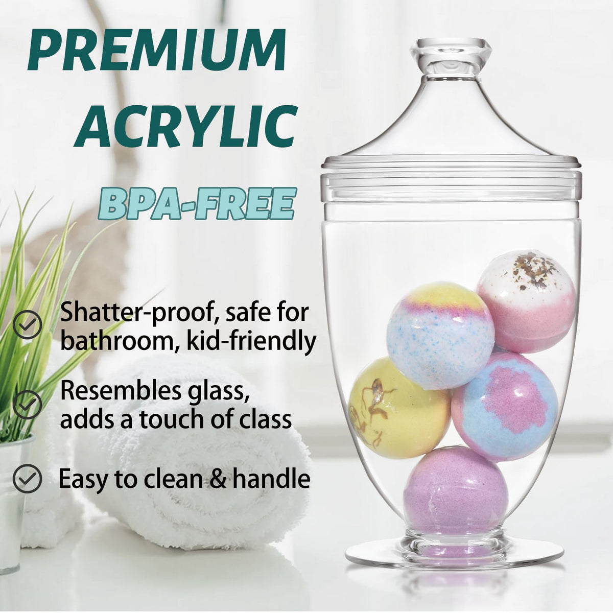 Wongblee acrylic jar with scoop helps portion bath or kitchen items.
