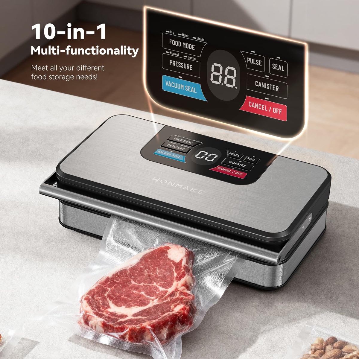 WONMAKE vacuum sealer with digital countdown display for precise sealing timing