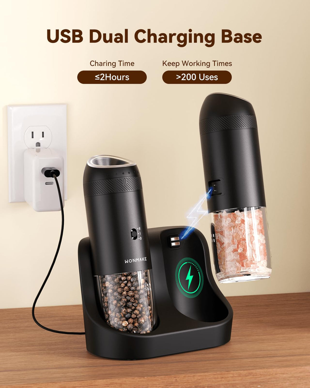 WONMAKE dual charging base powering two grinders for convenience