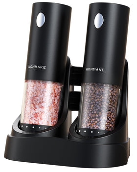 WONMAKE electric salt and pepper grinder set on charging base for convenient charging