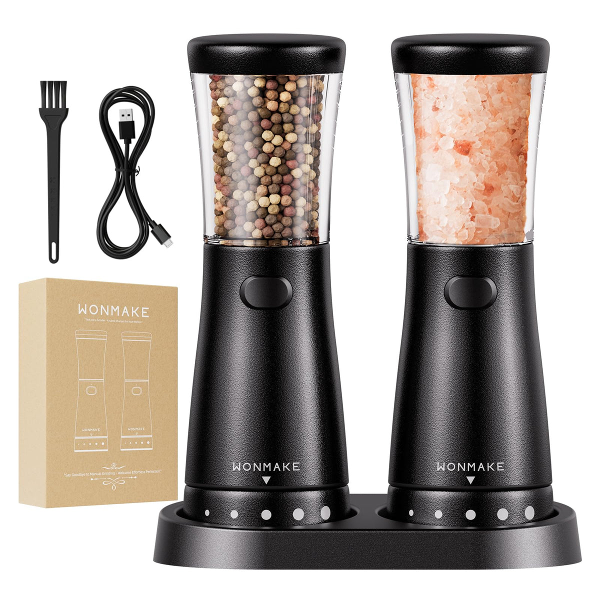 WONMAKE electric salt and pepper grinder set front view highlighting ergonomic palm-friendly design.