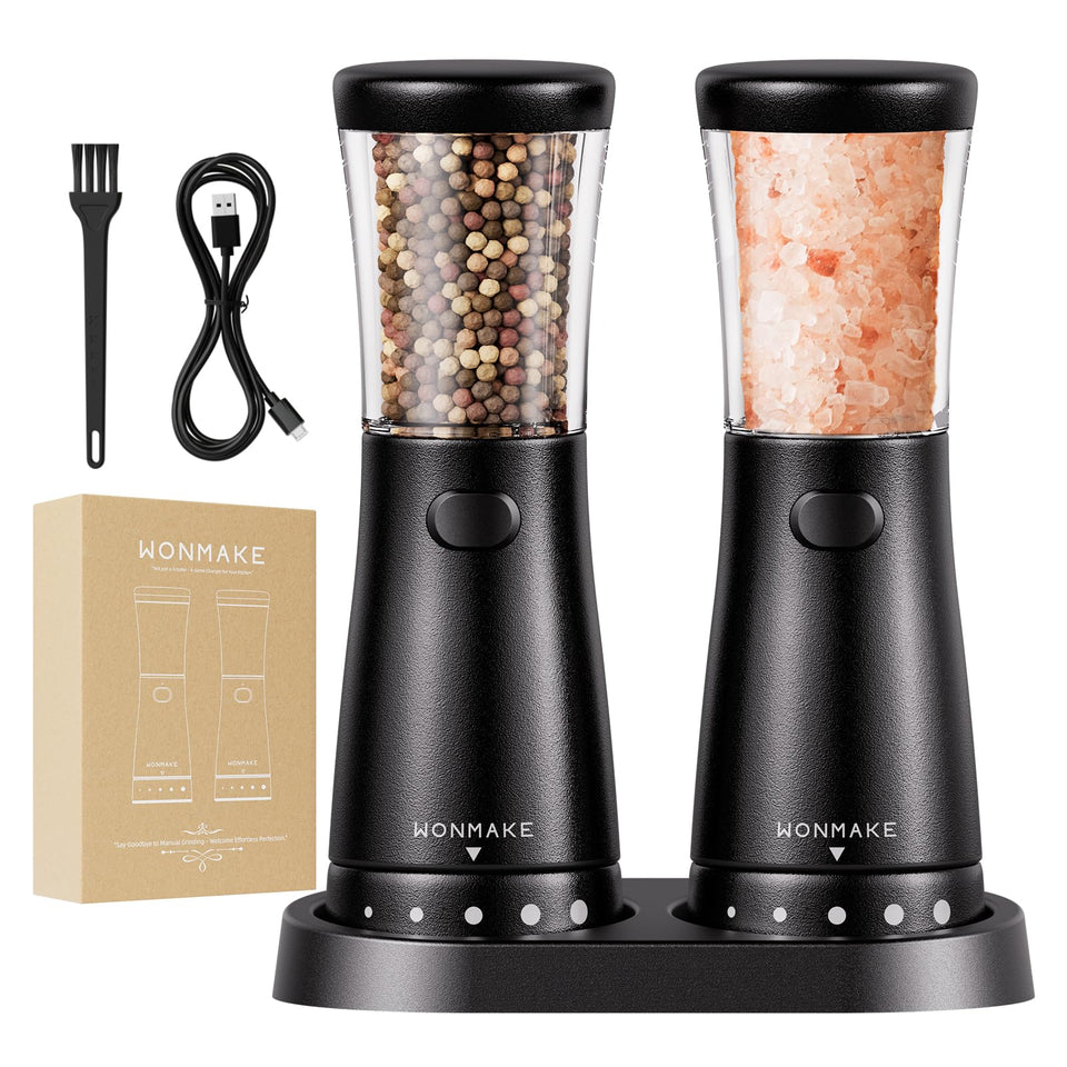 WONMAKE electric salt and pepper grinder set front view highlighting ergonomic palm-friendly design.