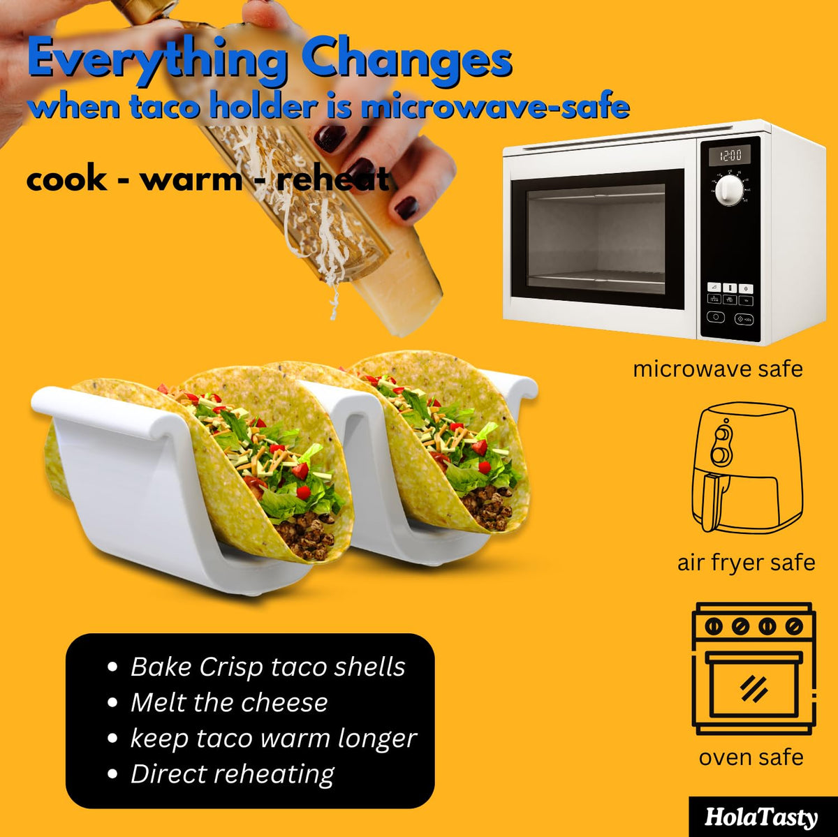 Taco bar setup using HolaTasty 2-pack serving holders