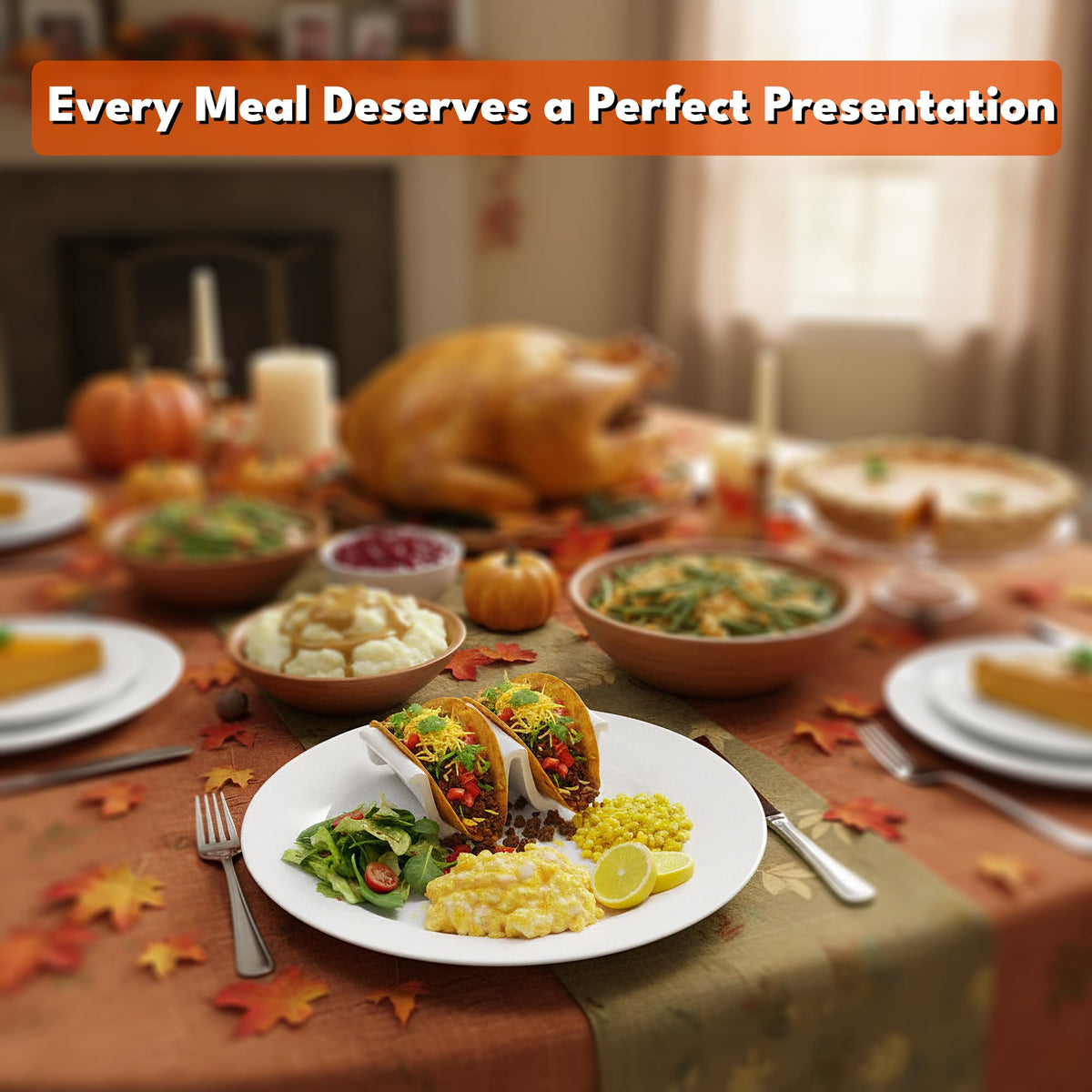 HolaTasty taco shell holder on a dinner plate for neat presentation