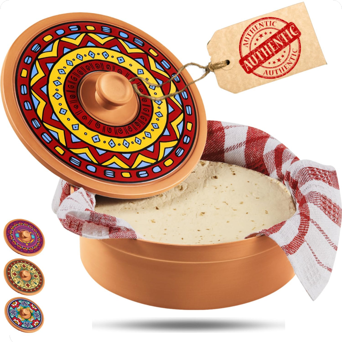 Woobud Mexican terracotta tortilla warmer on table keeps tortillas warm
