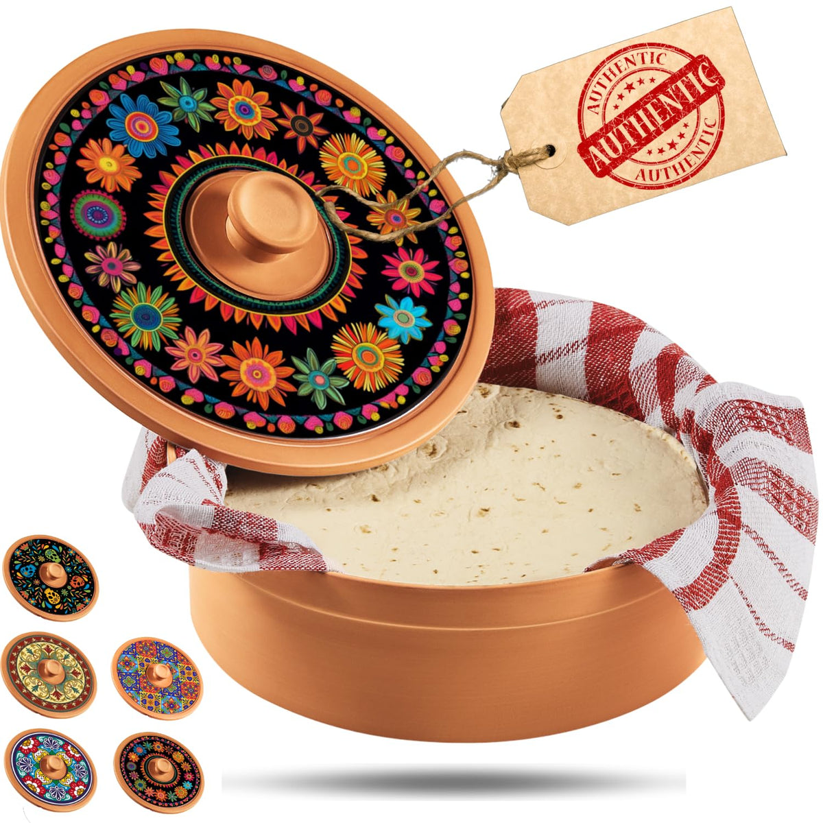 Woobud terracotta tortilla warmer with marigold lid keeps tortillas warm and ready for celebrations.