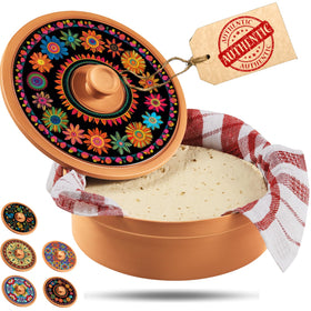 Woobud terracotta tortilla warmer with marigold lid keeps tortillas warm and ready for celebrations.