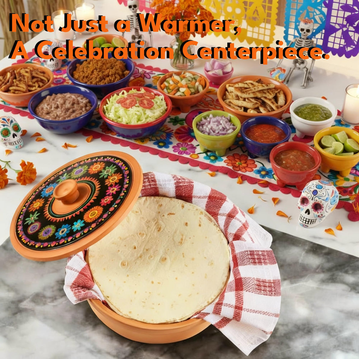 Close-up of Woobud tortilla warmer marigold lid on table adds rustic charm.
