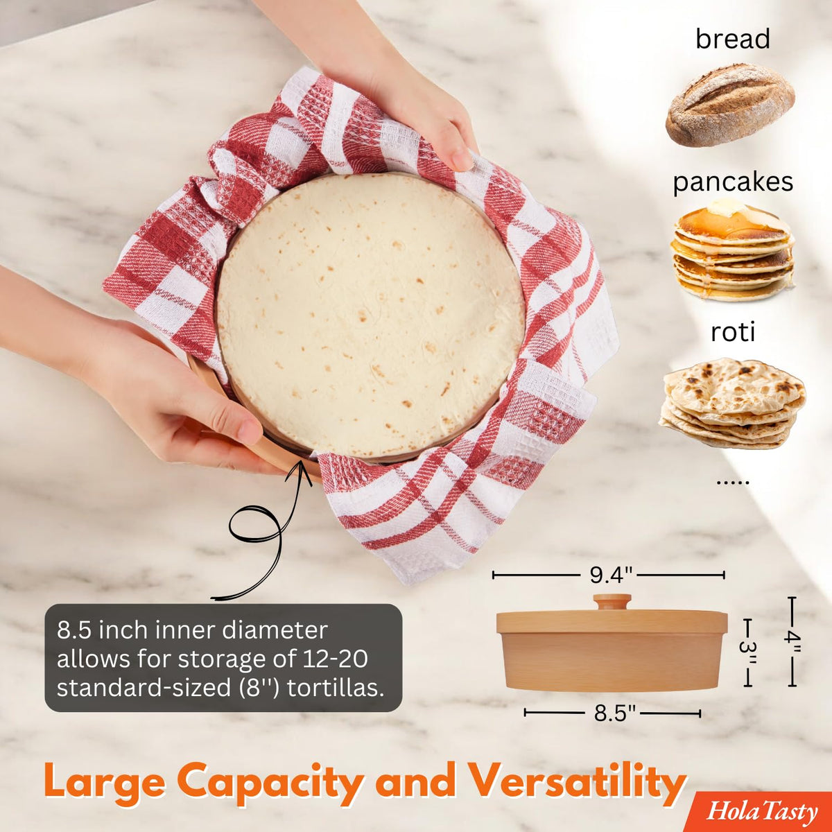 Included warming cloth helps manage moisture for soft tortillas.