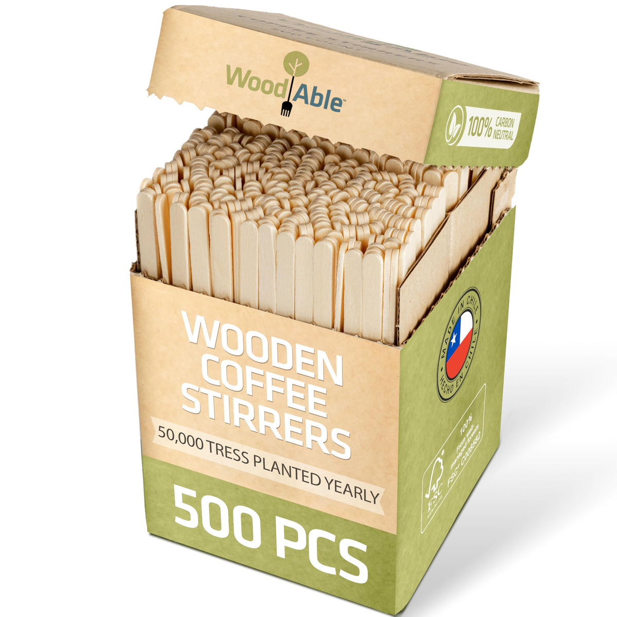 Woodable 500-count wooden stirrers ready for bulk coffee service.
