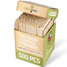 Woodable 500-count wooden stirrers ready for bulk coffee service.