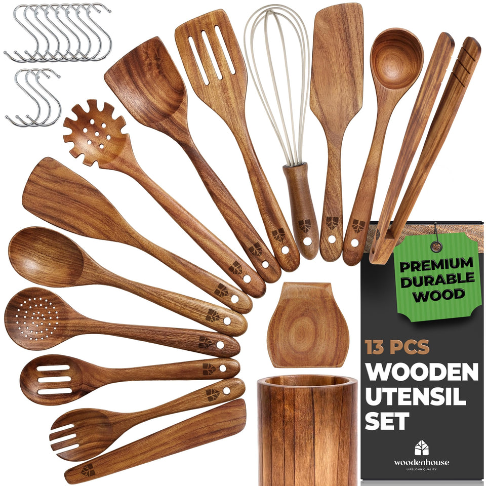 Woodenhouse 13-piece teak utensil set with holder keeps kitchen organized.