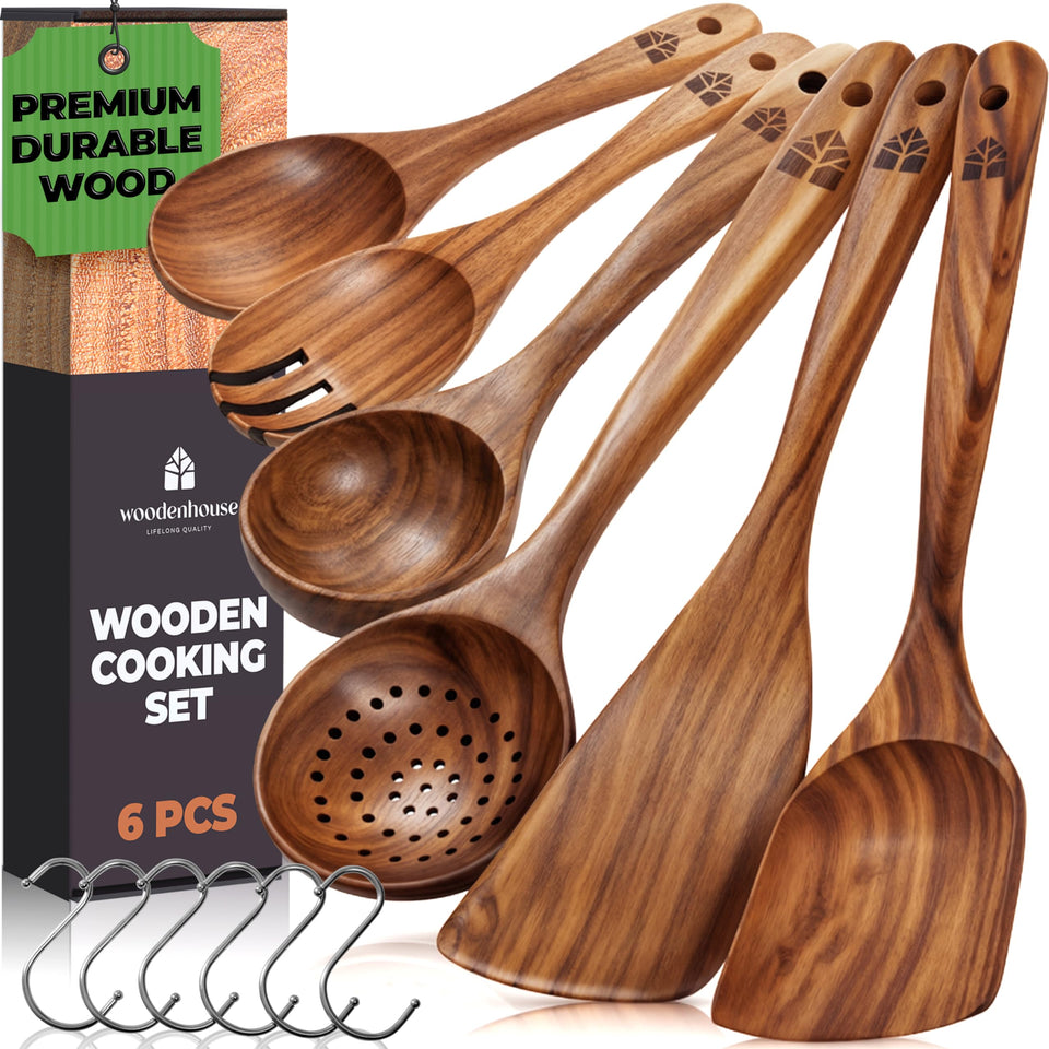 Woodenhouse 6pc teak spoon set for daily cooking and serving.