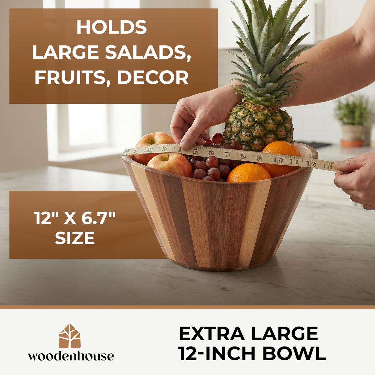 Woodenhouse acacia bowl fruit-storage sits on counter with decorative appeal.
