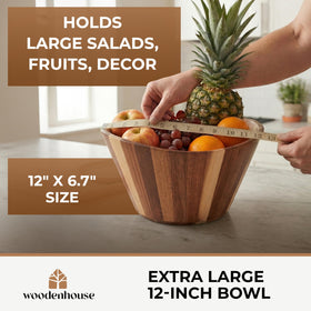 Woodenhouse acacia bowl fruit-storage sits on counter with decorative appeal.