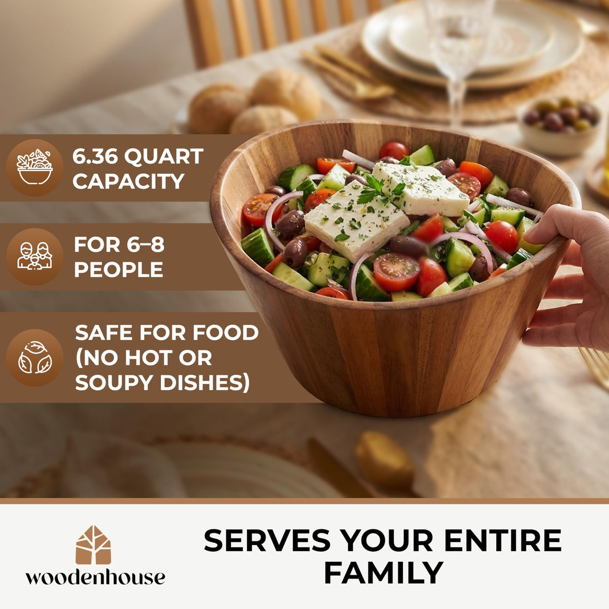 Woodenhouse acacia bowl salad-serving showcases large portions and natural wood grain.