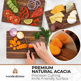 Woodenhouse acacia cutting board with juice grooves for mess-free serving.