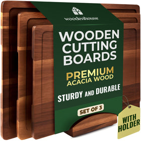 Woodenhouse acacia cutting board set with holder for precise chopping.