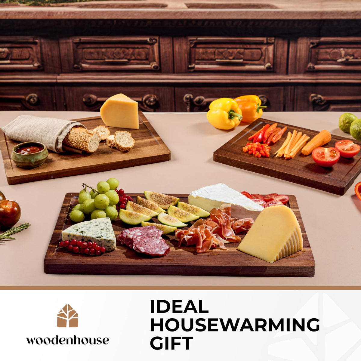 Woodenhouse acacia boards for cutting, prep, and serving cheeses.