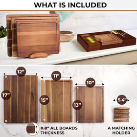 Woodenhouse acacia boards in three sizes ready for prep and charcuterie.