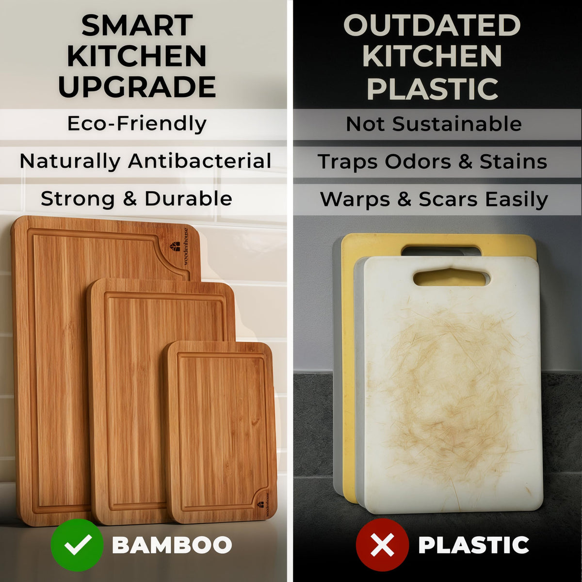 Woodenhouse bamboo cutting board showing deep juice grooves for mess-free prep