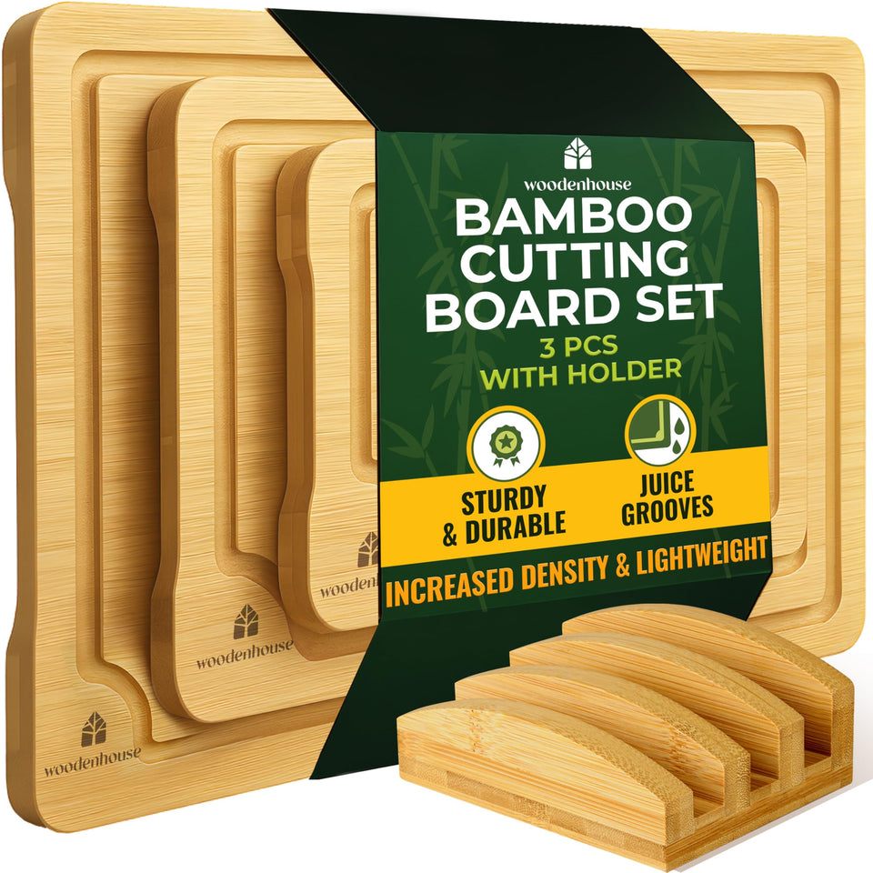 Woodenhouse bamboo cutting boards set of 3 with holder for organized meal prep