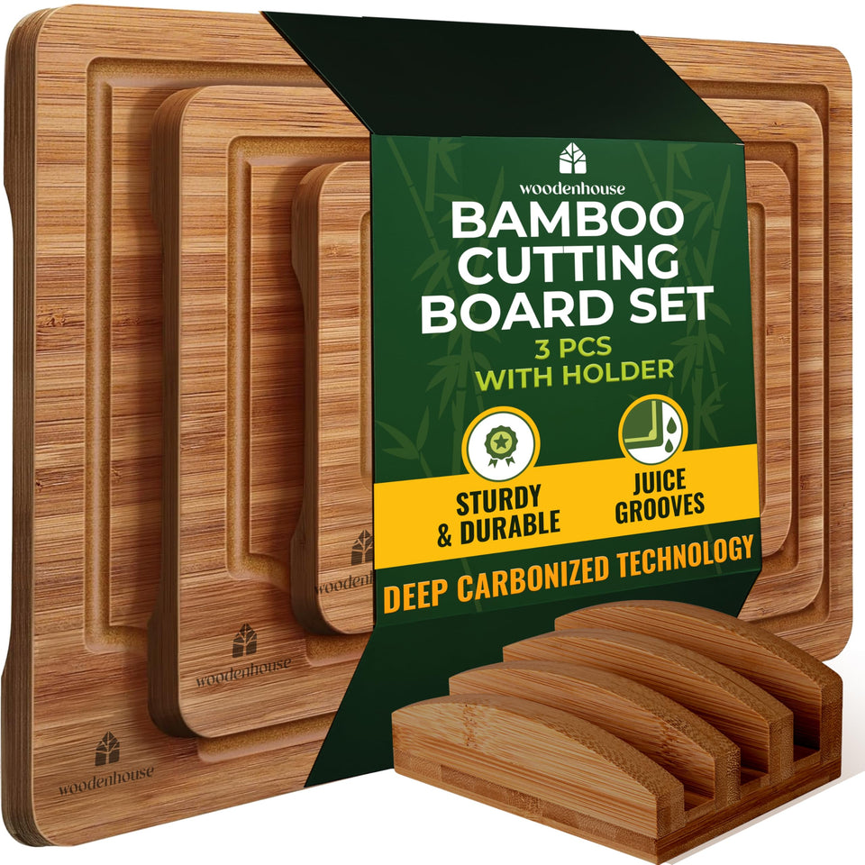 Woodenhouse bamboo cutting board set with holder for organized kitchen prep.