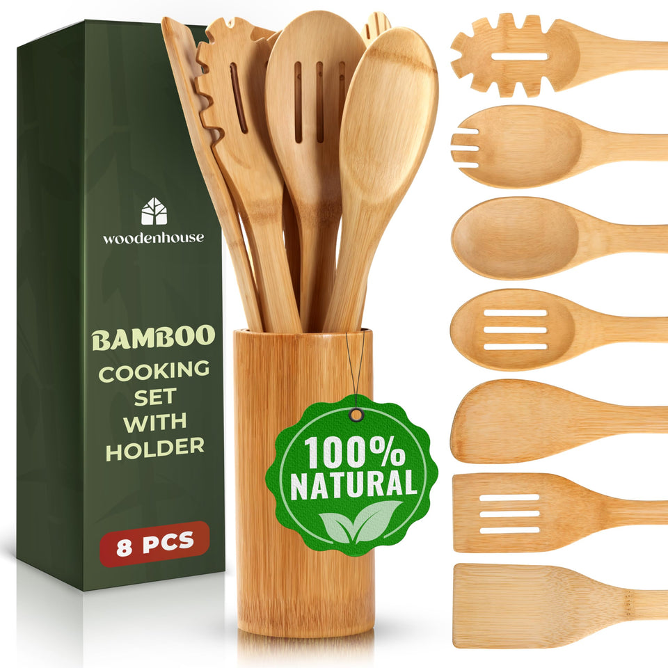 WoodenHouse bamboo utensils set with holder keeps tools organized and safe for nonstick cookware.