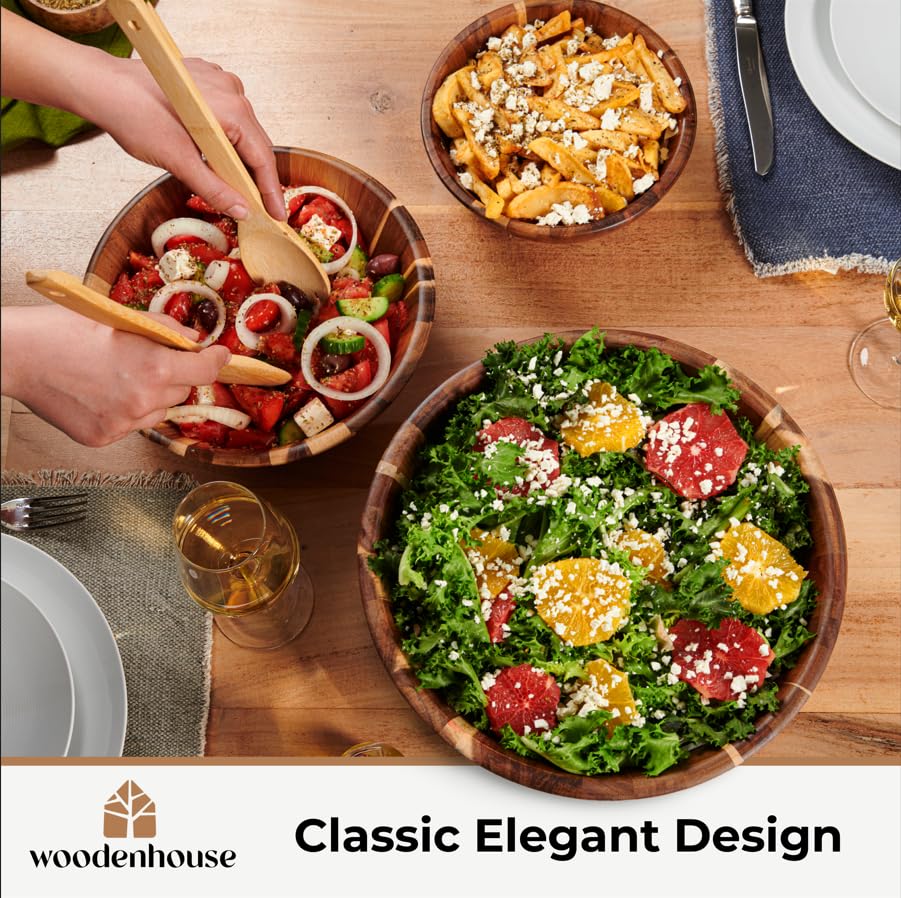 Woodenhouse bowls arranged for serving salad, highlighting rustic charm.