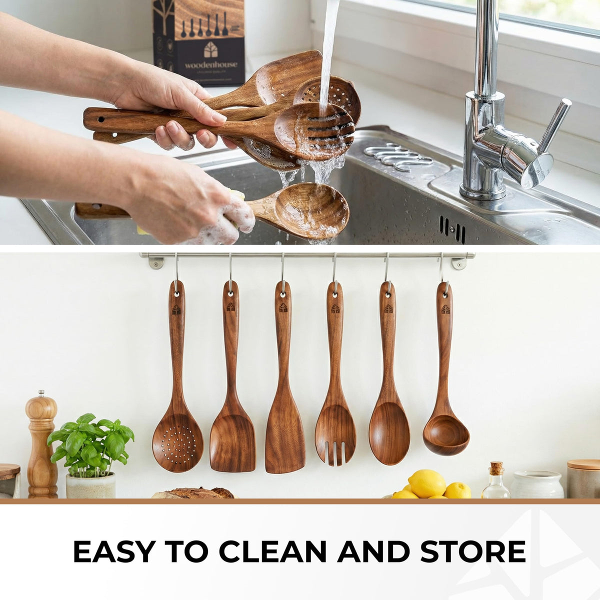 Woodenhouse stylish kitchen setup featuring teak utensils in use.