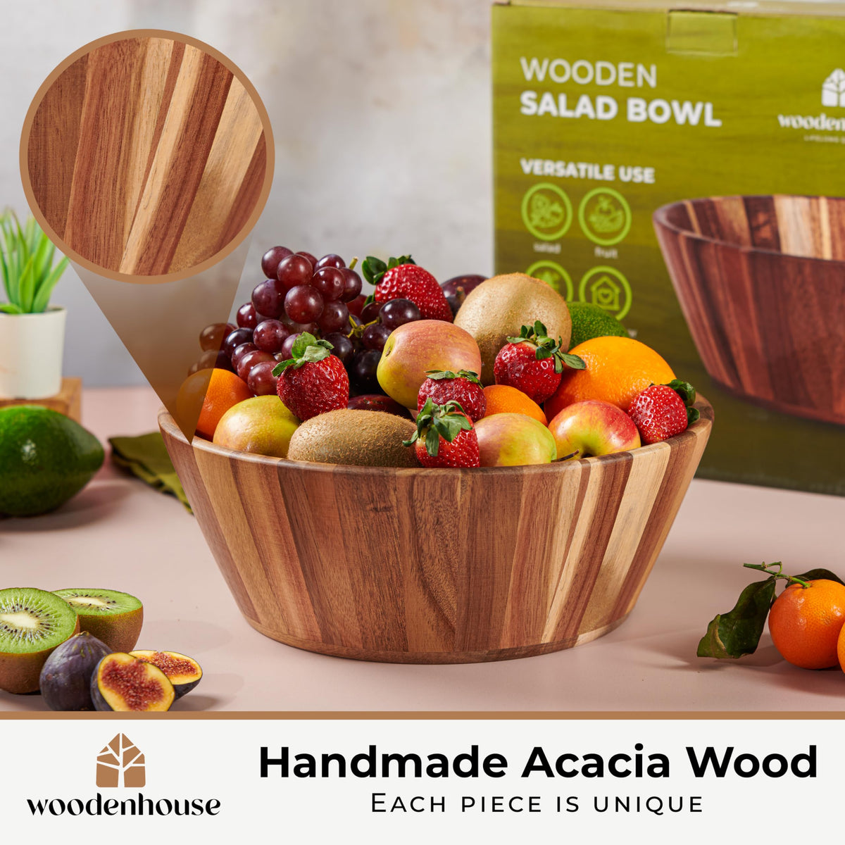 Woodenhouse large serving bowl suitable for salads and fruit.