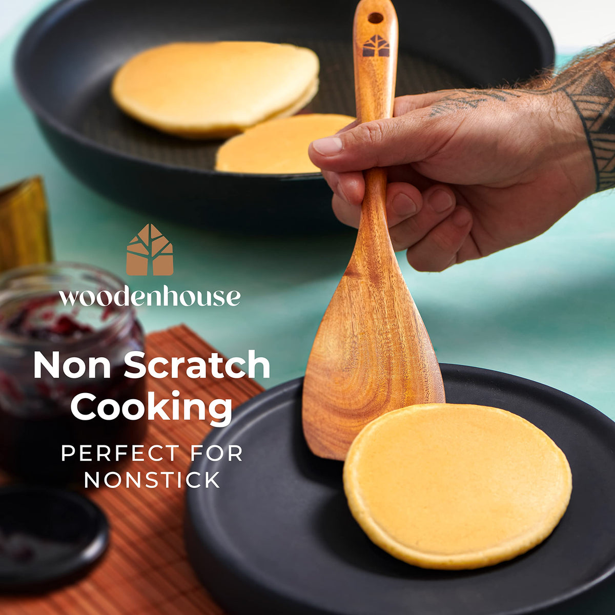 Woodenhouse nonstick-friendly spoons in action for gentle stirring