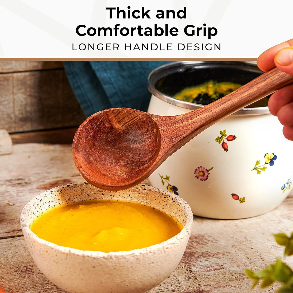 Woodenhouse teak ladle care guide highlighting cleaning and maintenance tips.