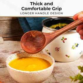 Woodenhouse teak ladle care guide highlighting cleaning and maintenance tips.