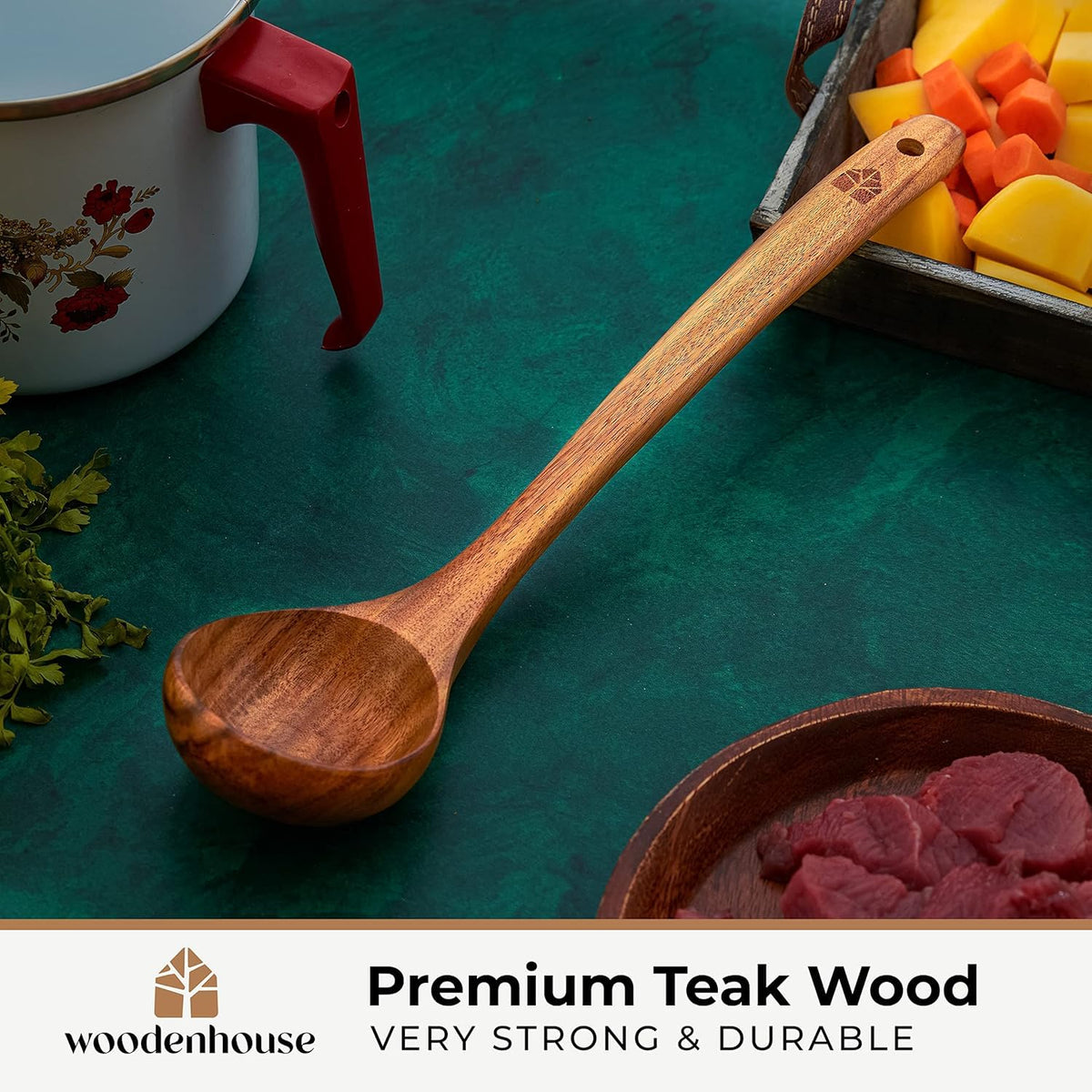 Woodenhouse teak ladle gift-ready presentation for kitchen gifts.