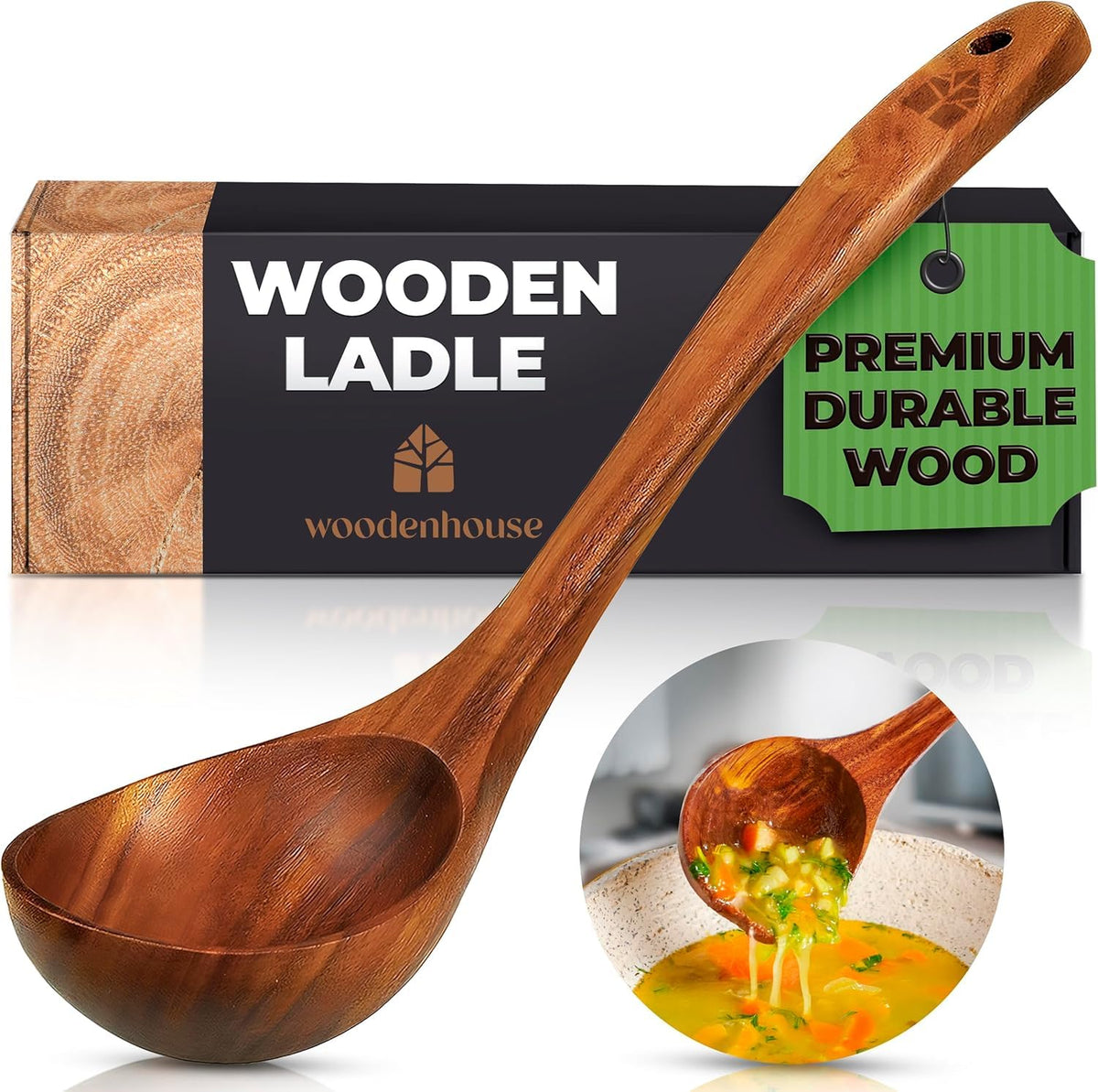 Woodenhouse teak ladle handle with 12.4-inch grip for comfortable stirring.
