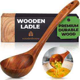Woodenhouse teak ladle handle with 12.4-inch grip for comfortable stirring.